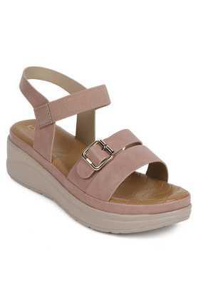 synthetic buckle women's casual sandals - peach