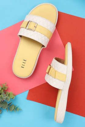 synthetic buckle women's casual slides - yellow