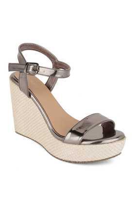 synthetic buckle women's party wear sandals - brown