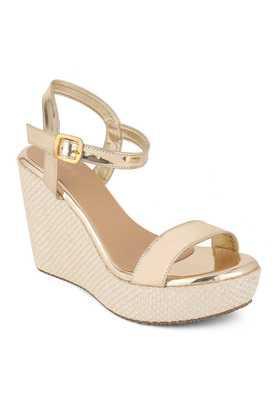 synthetic buckle women's party wear sandals - gold