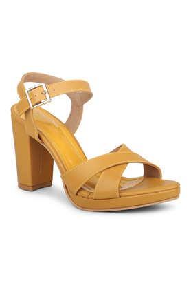 synthetic buckle women's party wear sandals - mustard