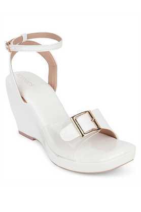 synthetic buckle women's party wear sandals - white