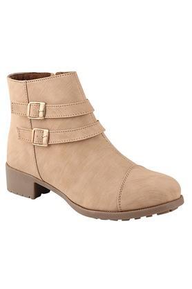 synthetic buckle womens casual boots - natural