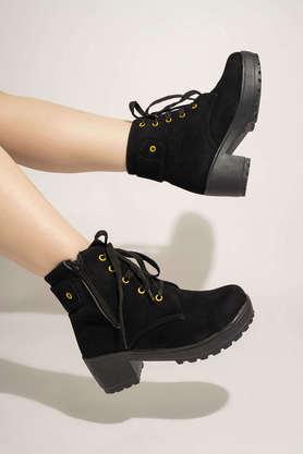 synthetic lace up girls casual boots - black
