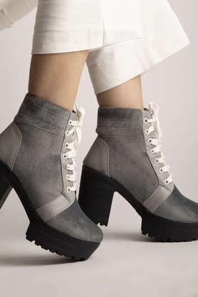 synthetic lace up girls casual boots - grey