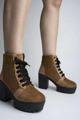 synthetic lace up girls casual boots - tan
