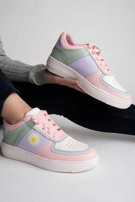 synthetic lace up girls sneakers - pink