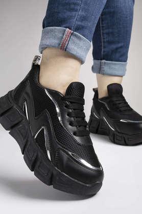 synthetic lace up girls sport shoes - black