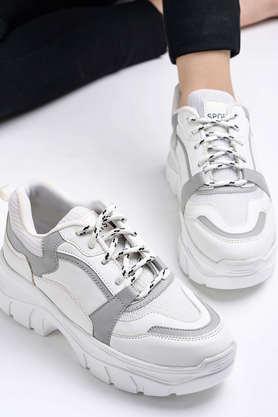 synthetic lace up girls sport shoes - grey