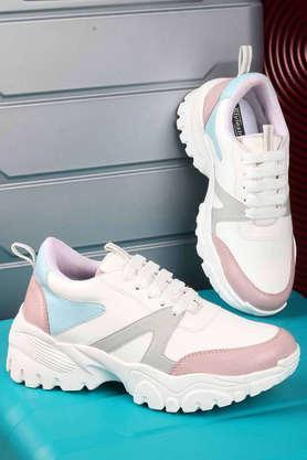 synthetic lace up girls sport shoes - white
