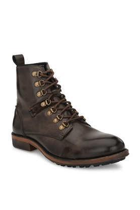 synthetic lace up men's mid tops boots - brown