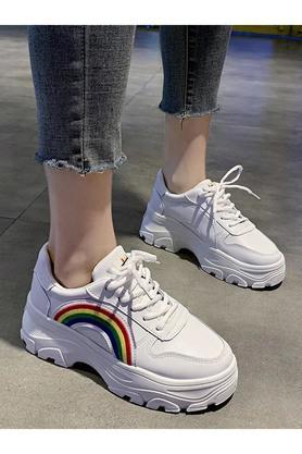 synthetic lace up minimalist rainbow style women's sneakers - white