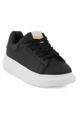 synthetic lace up women's casual sneakers - black