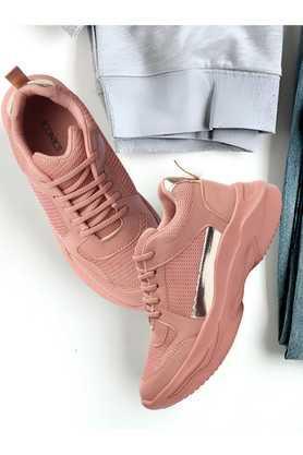 synthetic lace up women's casual sneakers - peach