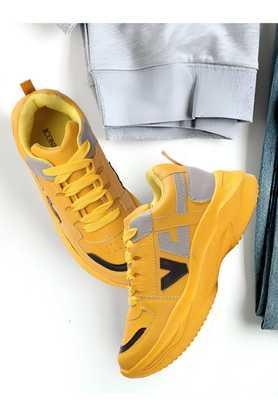 synthetic lace up women's casual sneakers - yellow