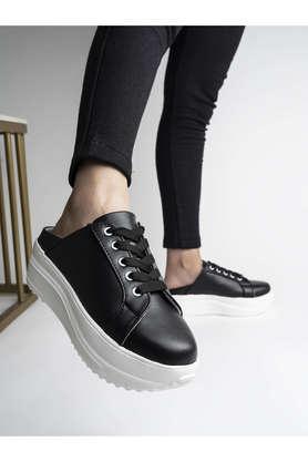 synthetic lace up women's sneakers - black