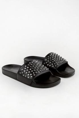 synthetic leather slip-on men's slides - black