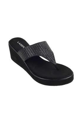 synthetic slip-on women's casual heels - black