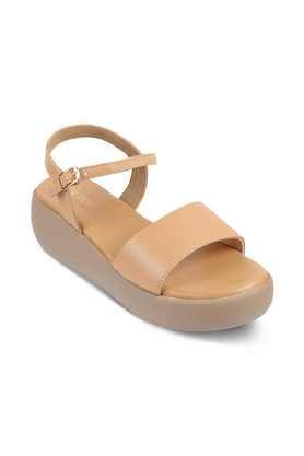 synthetic slip-on women sandals - natural