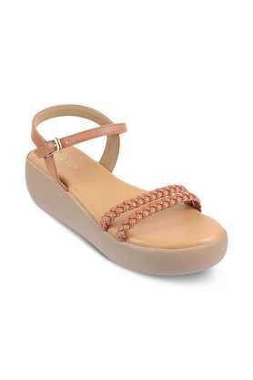 synthetic slip-on women sandals - tan