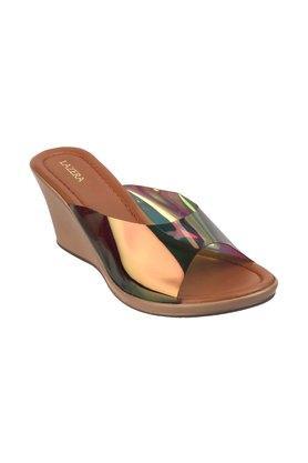 synthetic slip on womens casual sandals - bronze