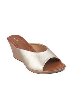 synthetic slip on womens casual sandals - gold