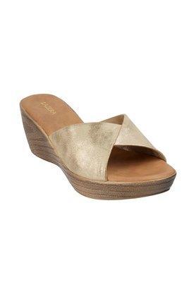 synthetic slip on womens casual sandals - gold