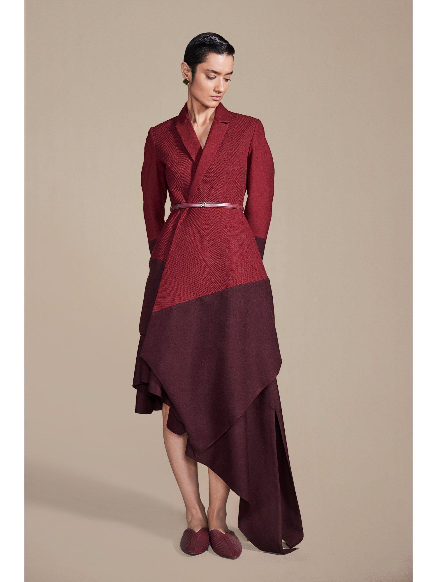 syrah maroon textured jacket & skirt with belt (set of 3)