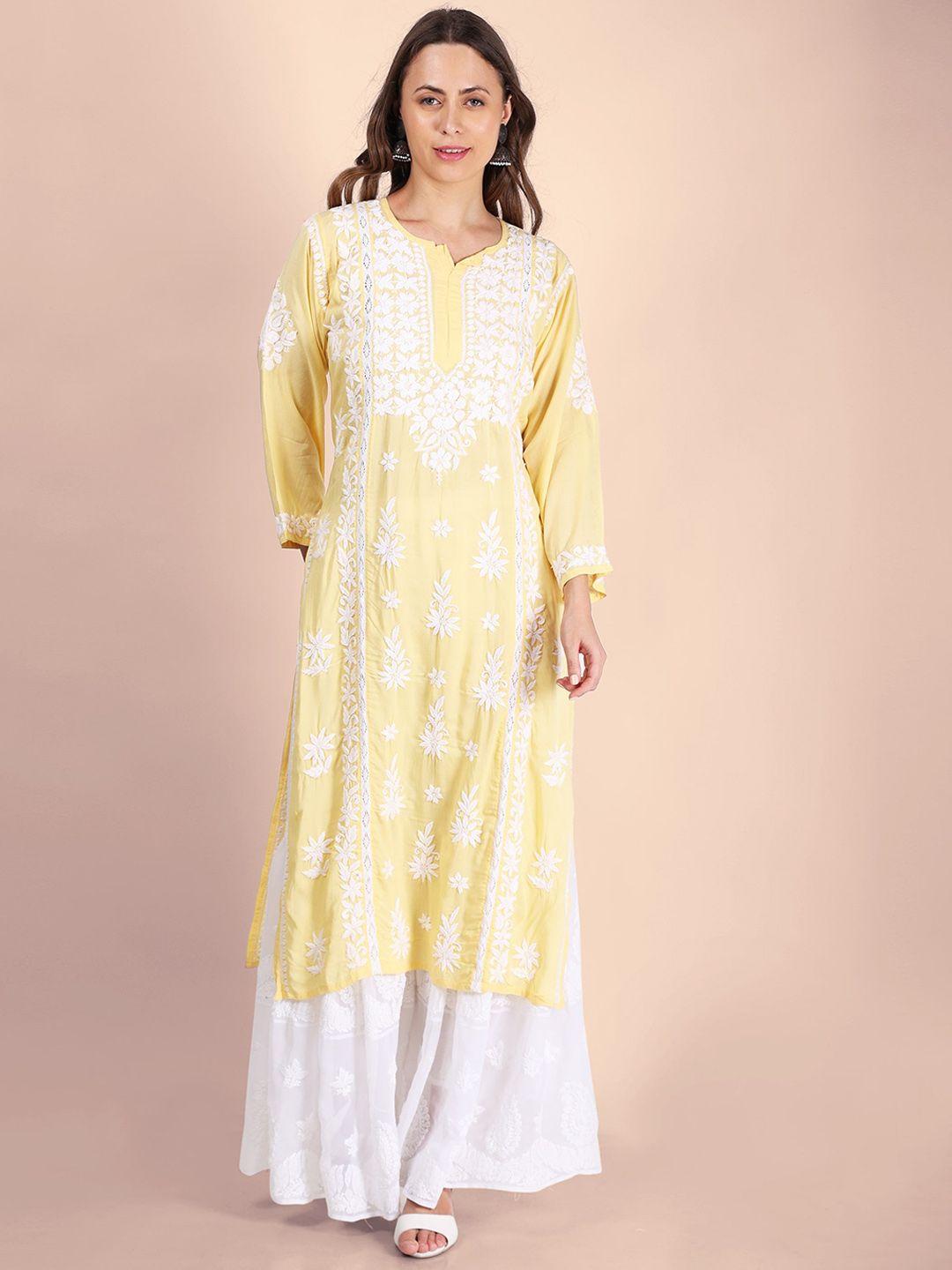syrish women yellow floral printed thread work kurta