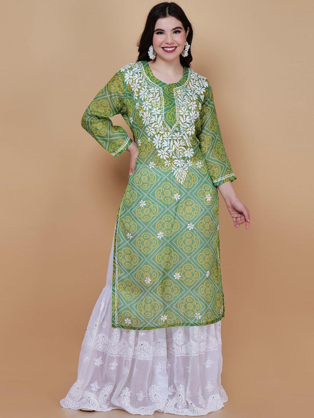 syrish bandhani printed chikankari cotton straight kurta