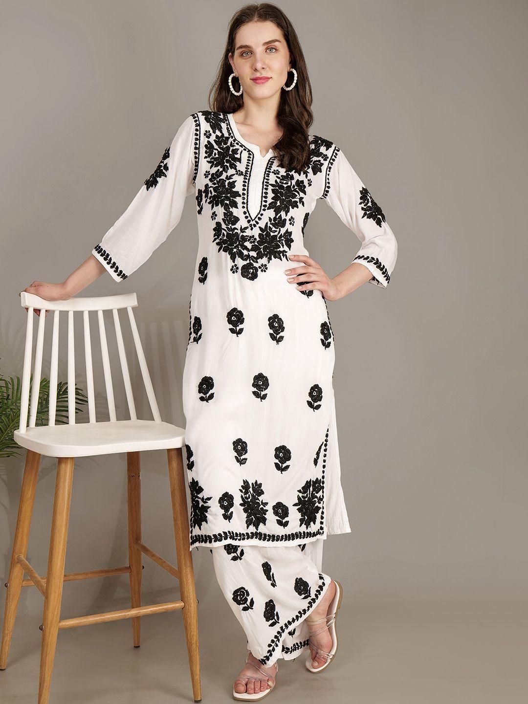 syrish floral embroidered pure cotton chikankari kurta with palazzos