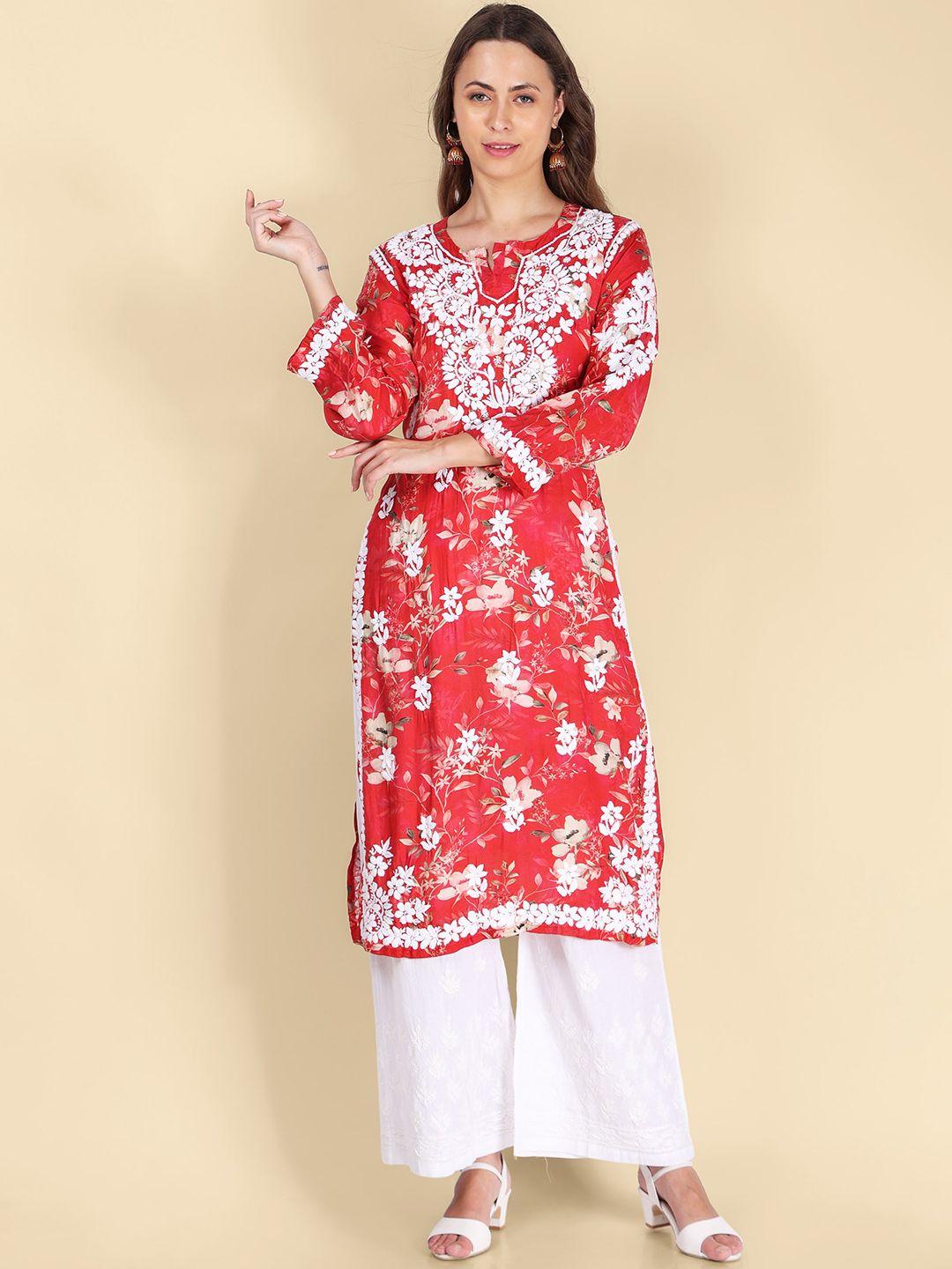 syrish floral printed thread work straight kurta