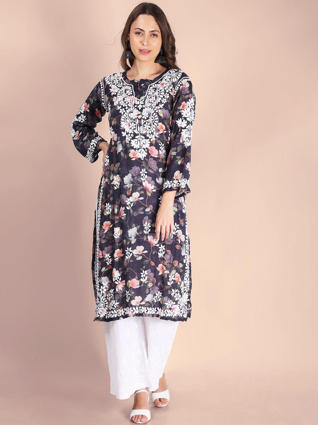 syrish floral printed thread work straight kurta