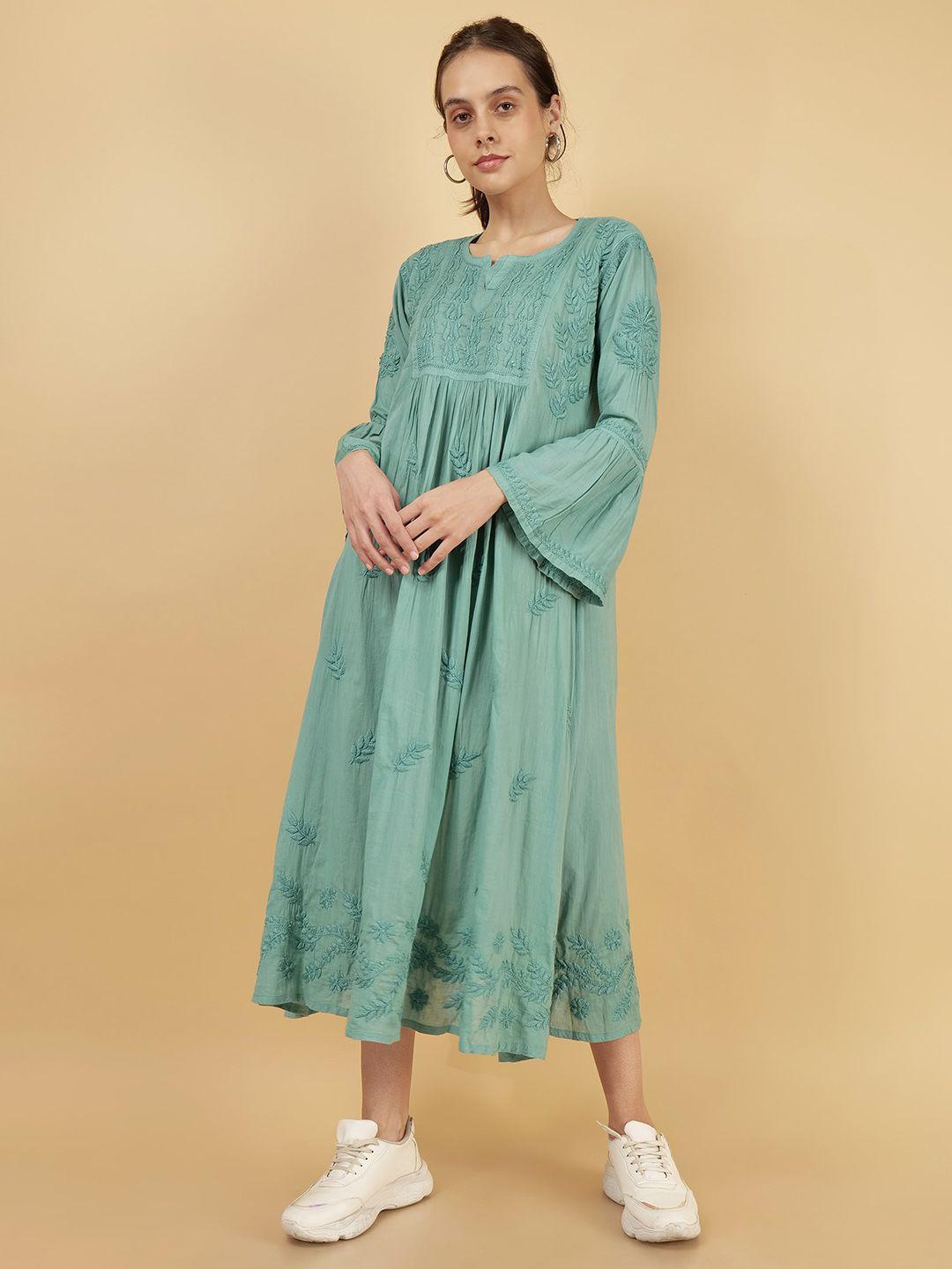 syrish green floral print bell sleeve a-line midi dress