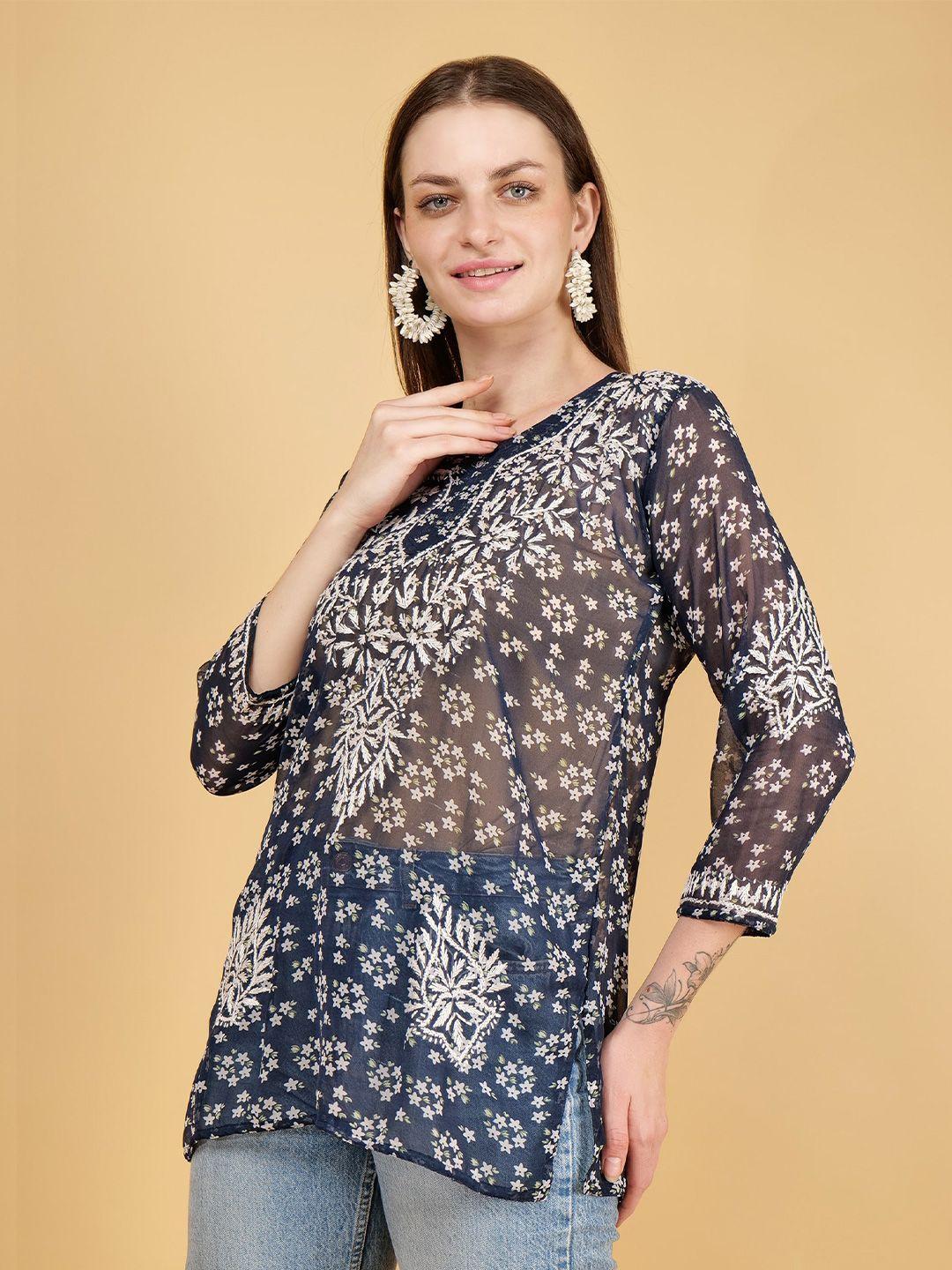 syrish navy blue floral embroidered chikankari pure georgette handloom chikankari kurti