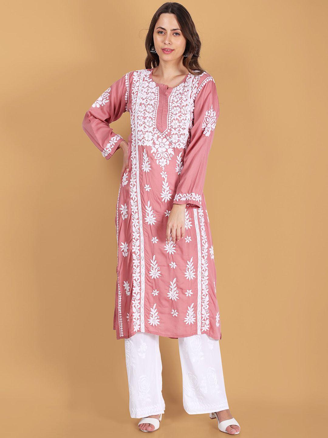 syrish women pink ethnic motifs yoke design chikankari kurta