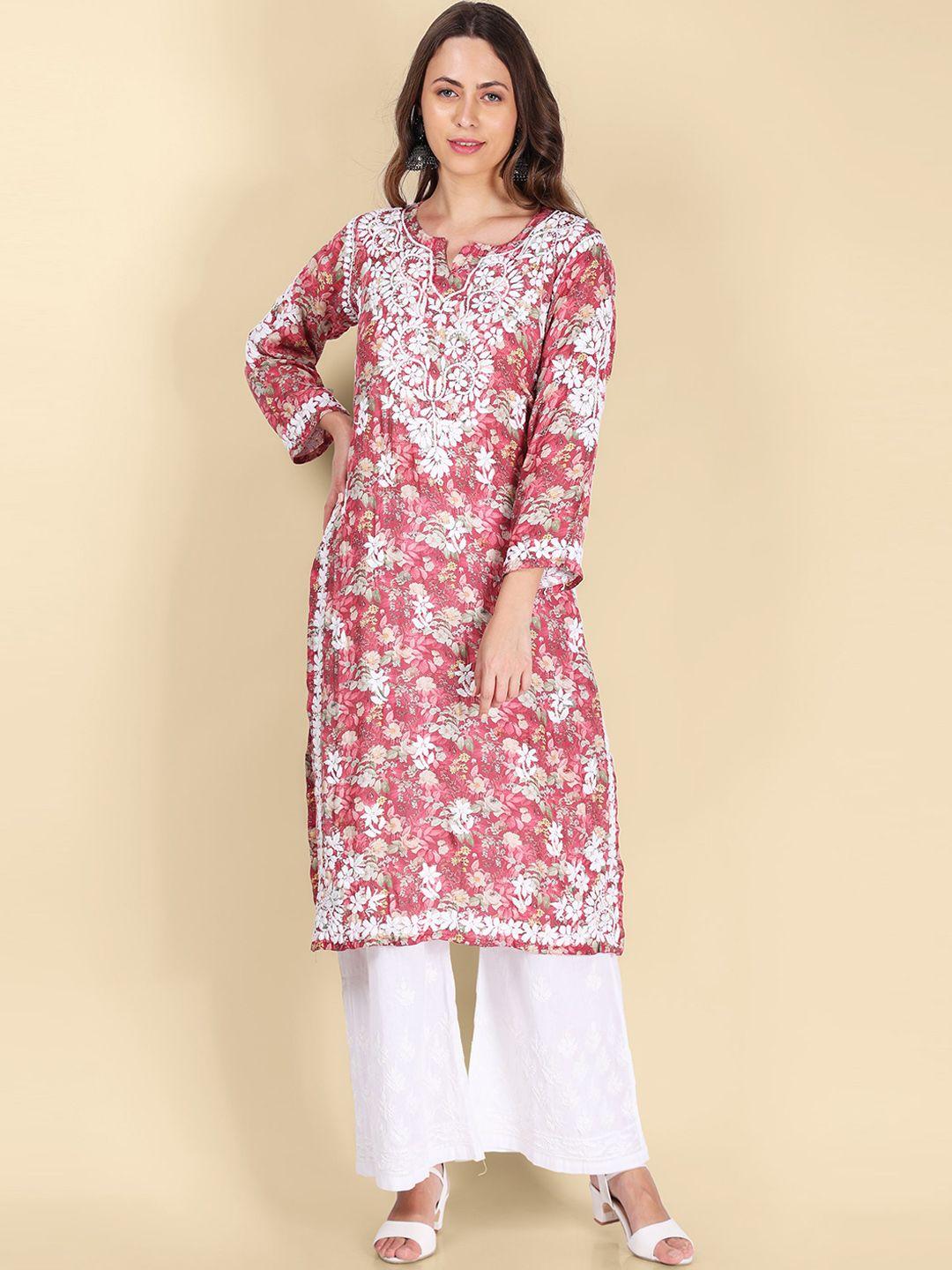 syrish women pink floral printed flared sleeves thread work floral handloom kurta