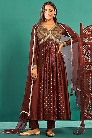 syrup brown chiniya silk & flat silk embroidered anarkali set