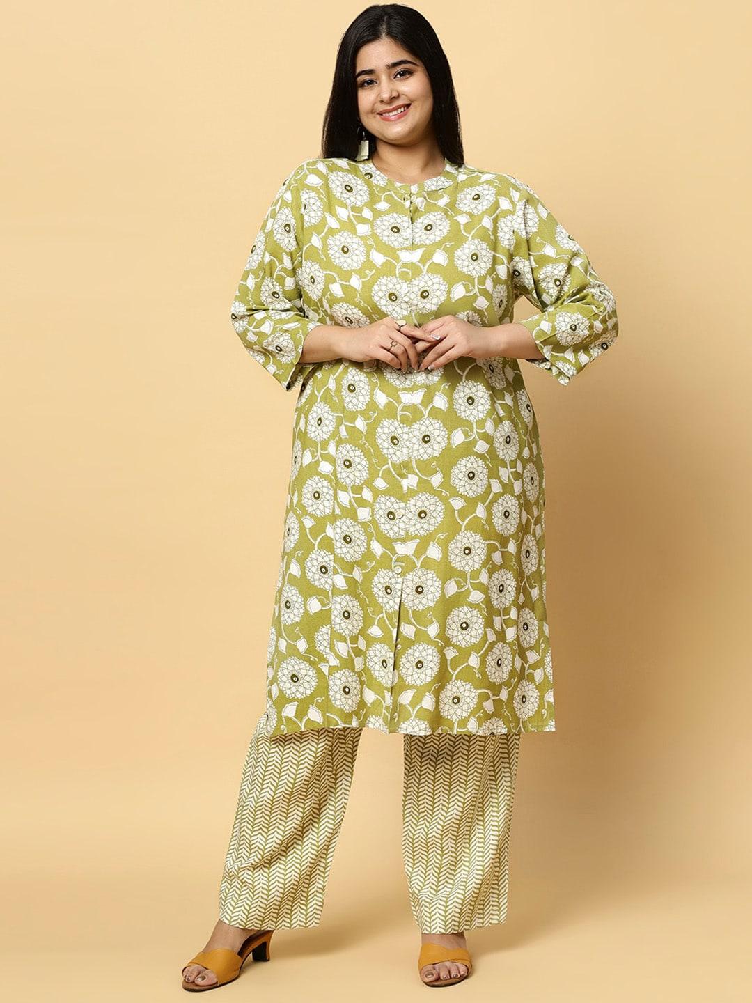 sztori plus size floral printed pure cotton straight kurta with trousers