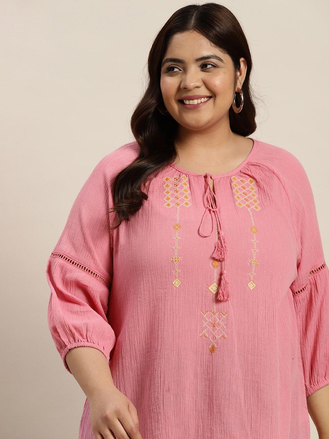 sztori plus size pure cotton embroidered tie-up neck top