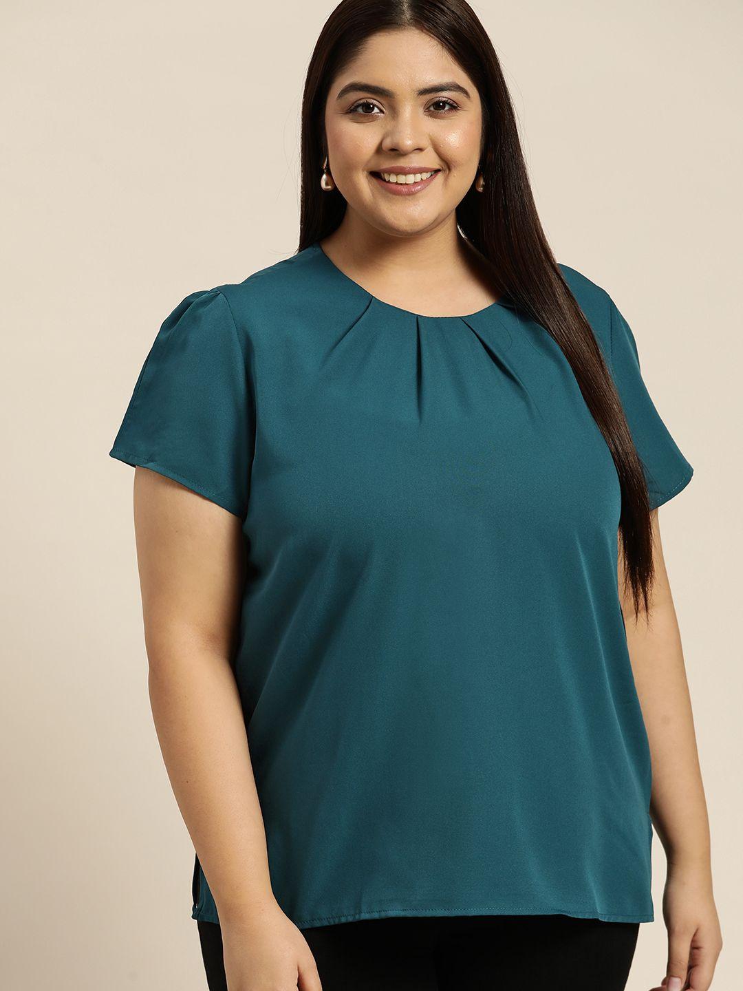 sztori plus size teal blue solid top with neck gathers