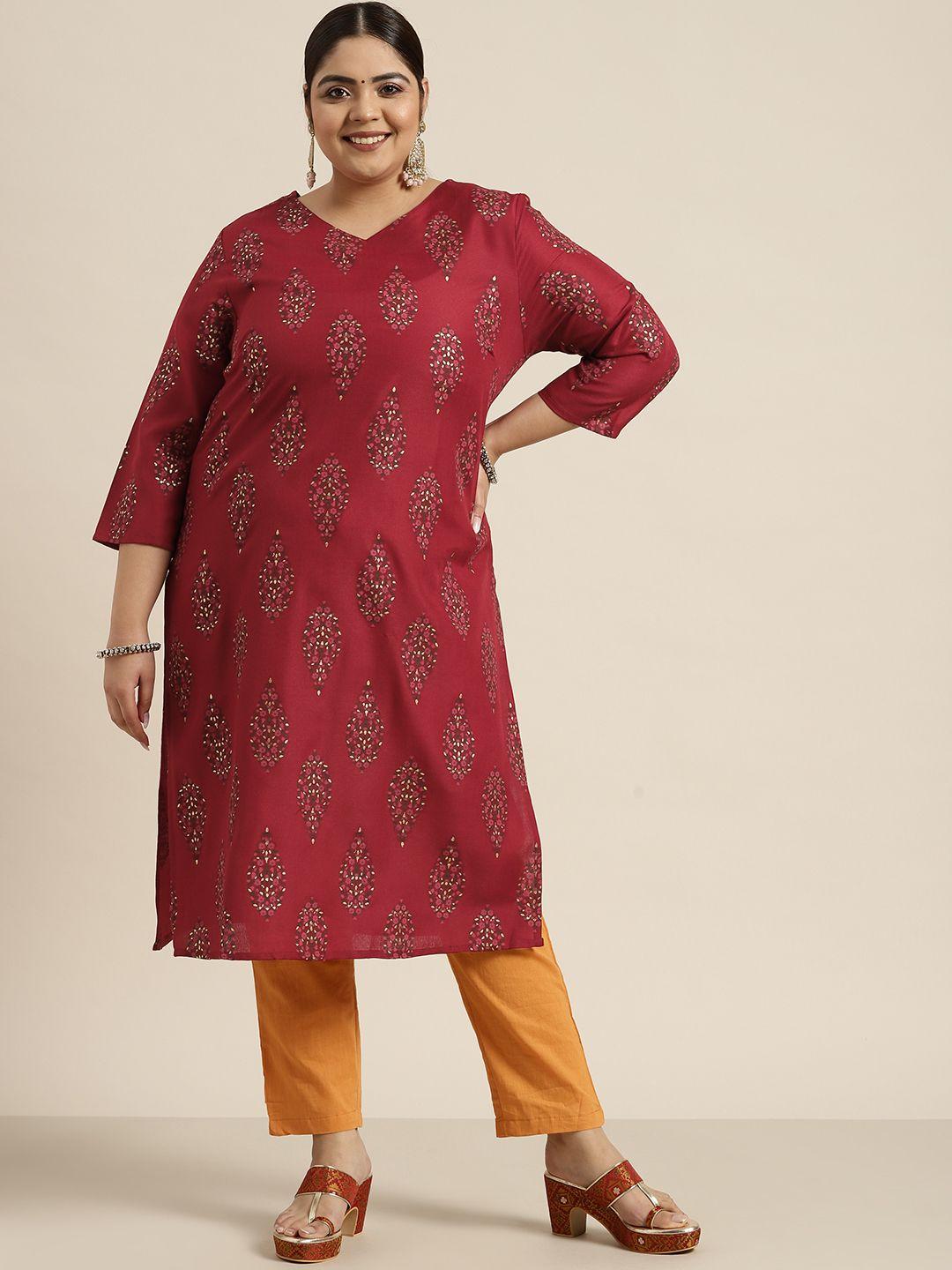 sztori women plus size maroon ethnic motifs printed kurta