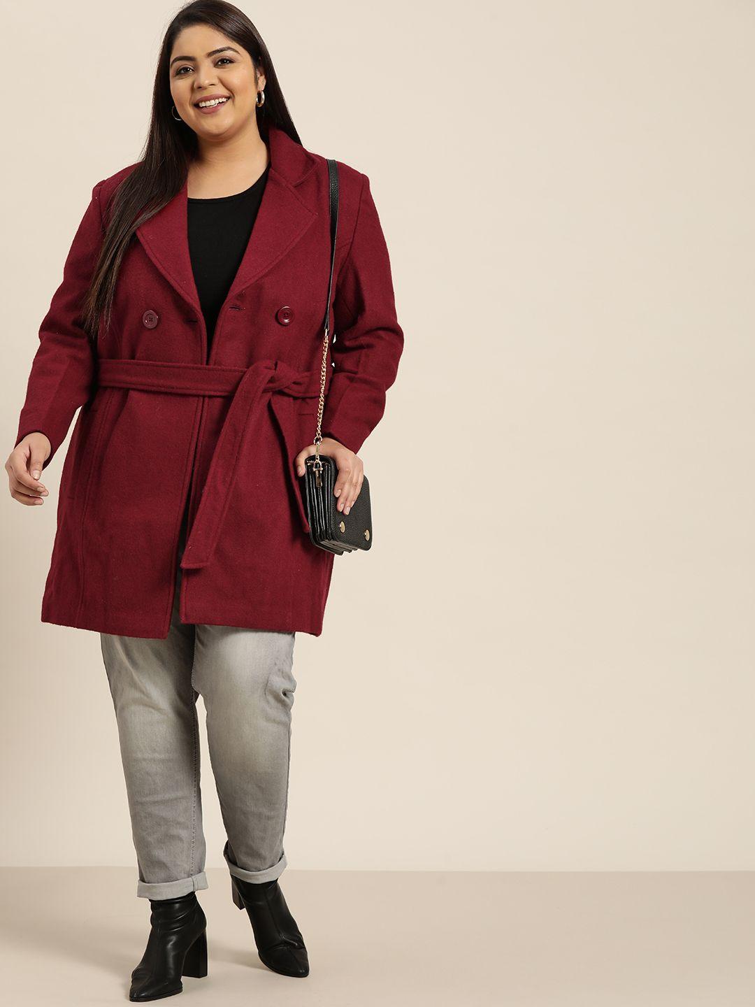 sztori  women plus size maroon solid double breasted coat with belt