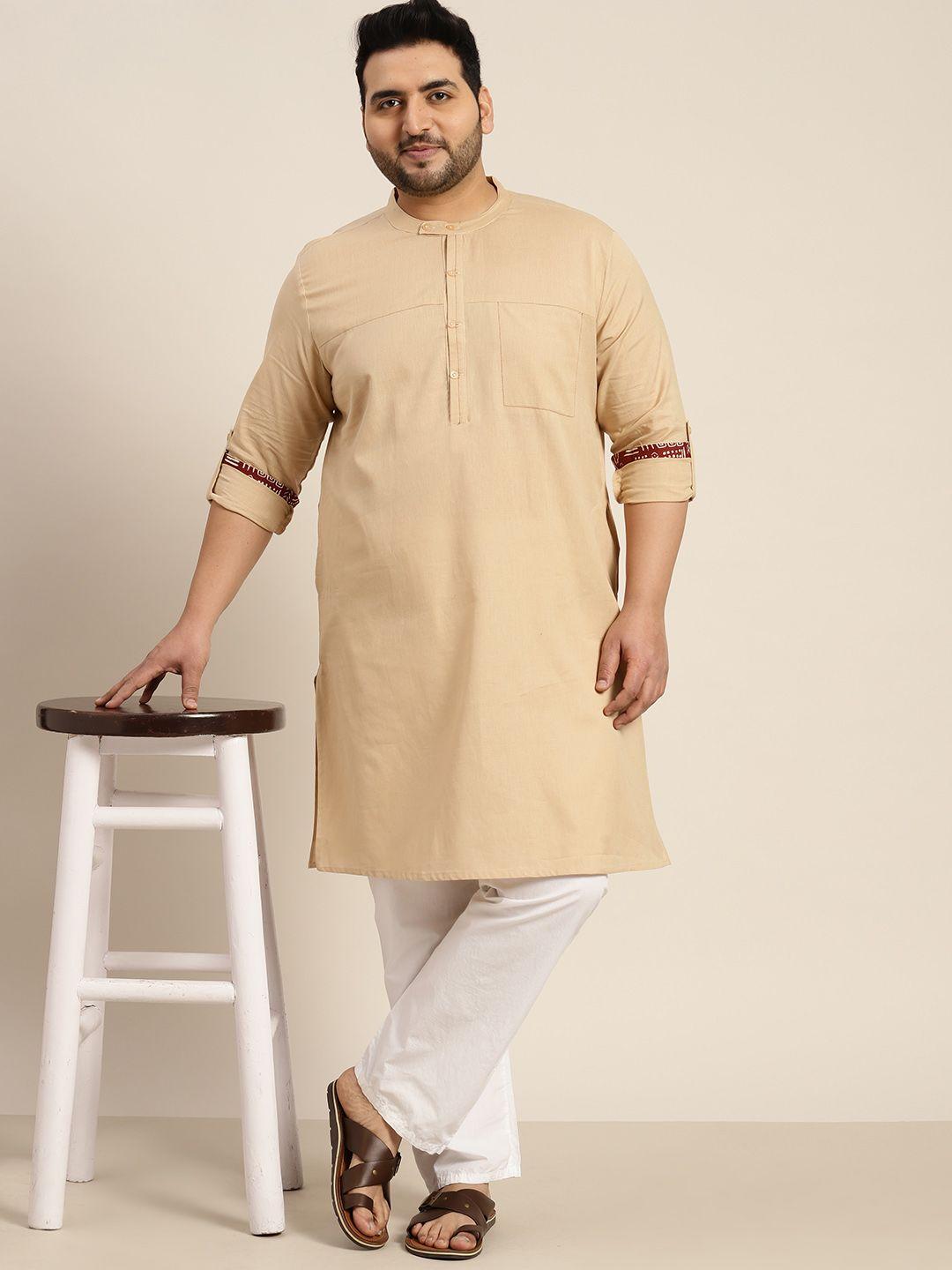 sztori men plus size band collar roll-up cuffed sleeves cotton linen kurta