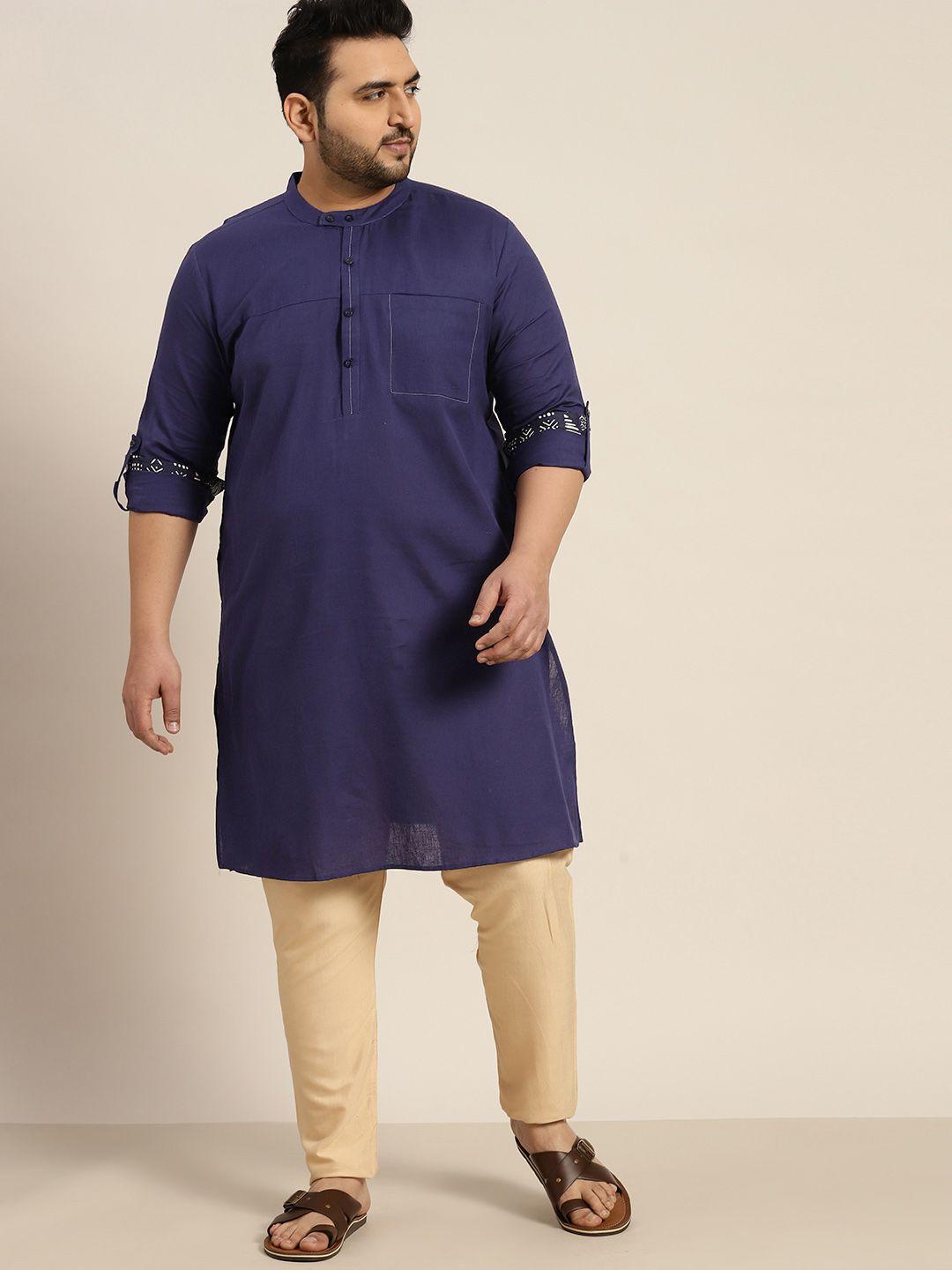 sztori men plus size band collar roll-up cuffed sleeves cotton linen kurta