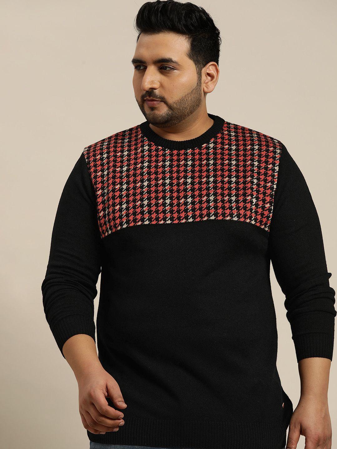 sztori men plus size black & coral red houndstooth acrylic sweater