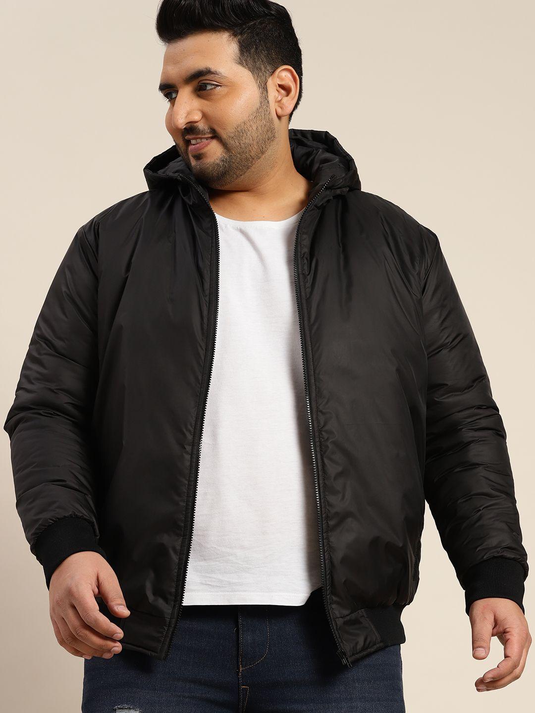 sztori men plus size black solid hooded padded jacket