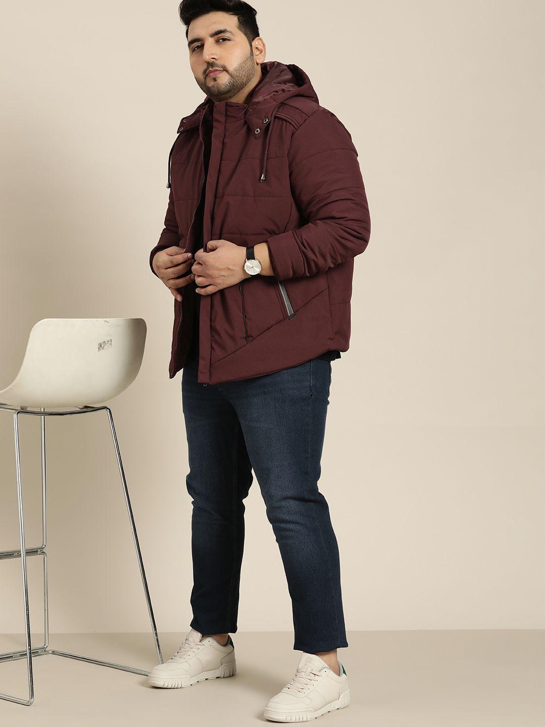 sztori men plus size burgundy solid hooded padded jacket