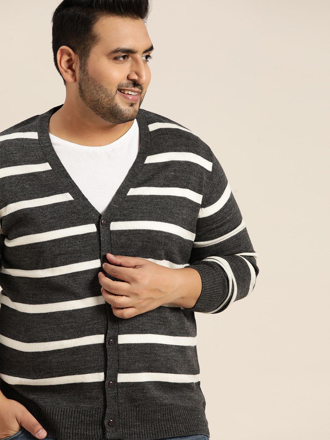 sztori men plus size charcoal grey & white striped cardigan