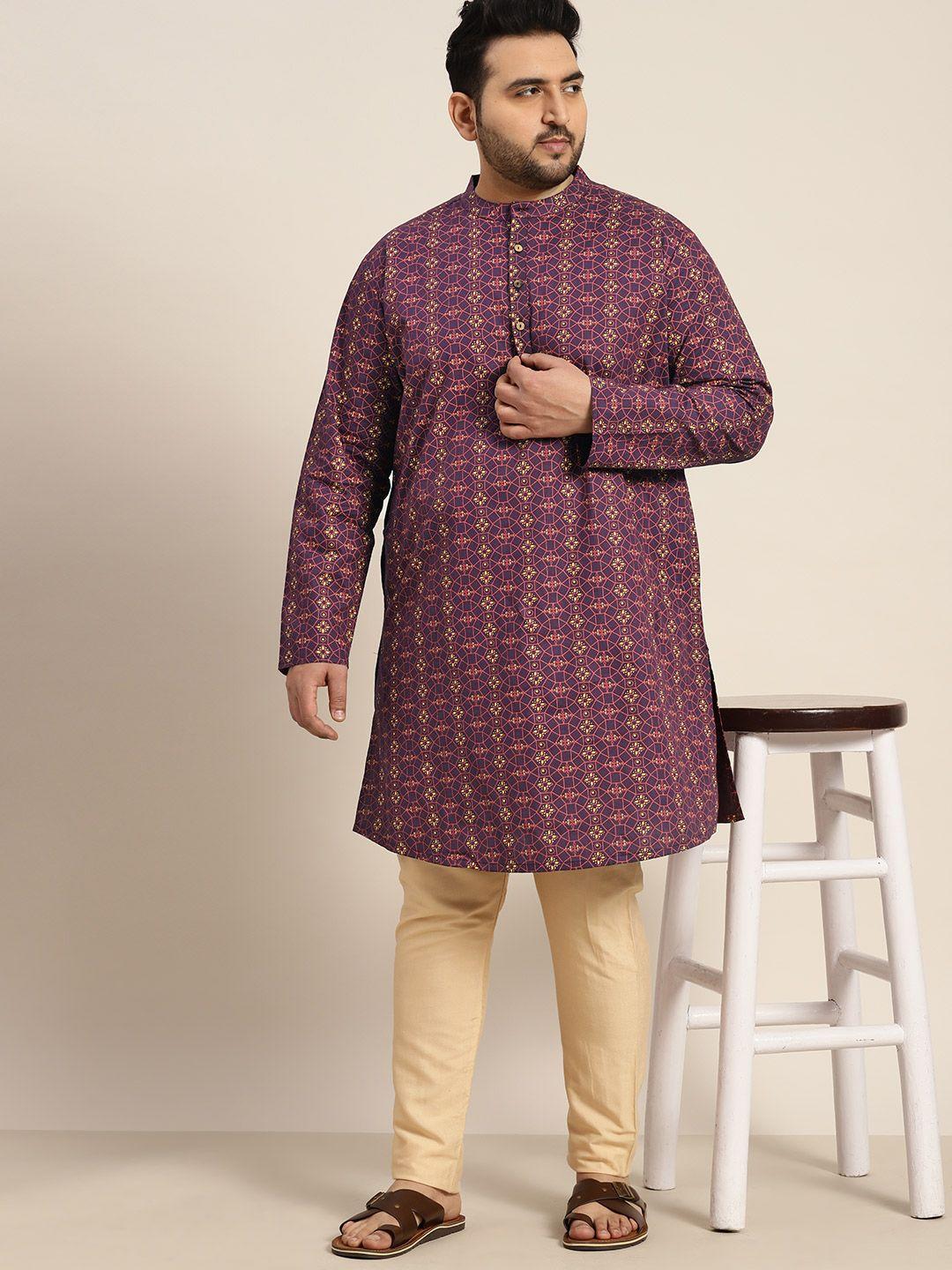 sztori men plus size ethnic motifs printed band collar pure cotton kurta